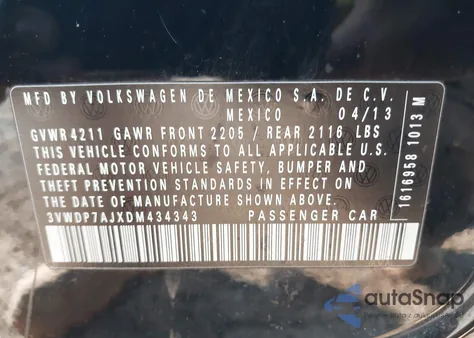 2013 Volkswagen Jetta 2.5L Se z USA, uszkodzony, nr VIN 3VWDP7AJXDM434343